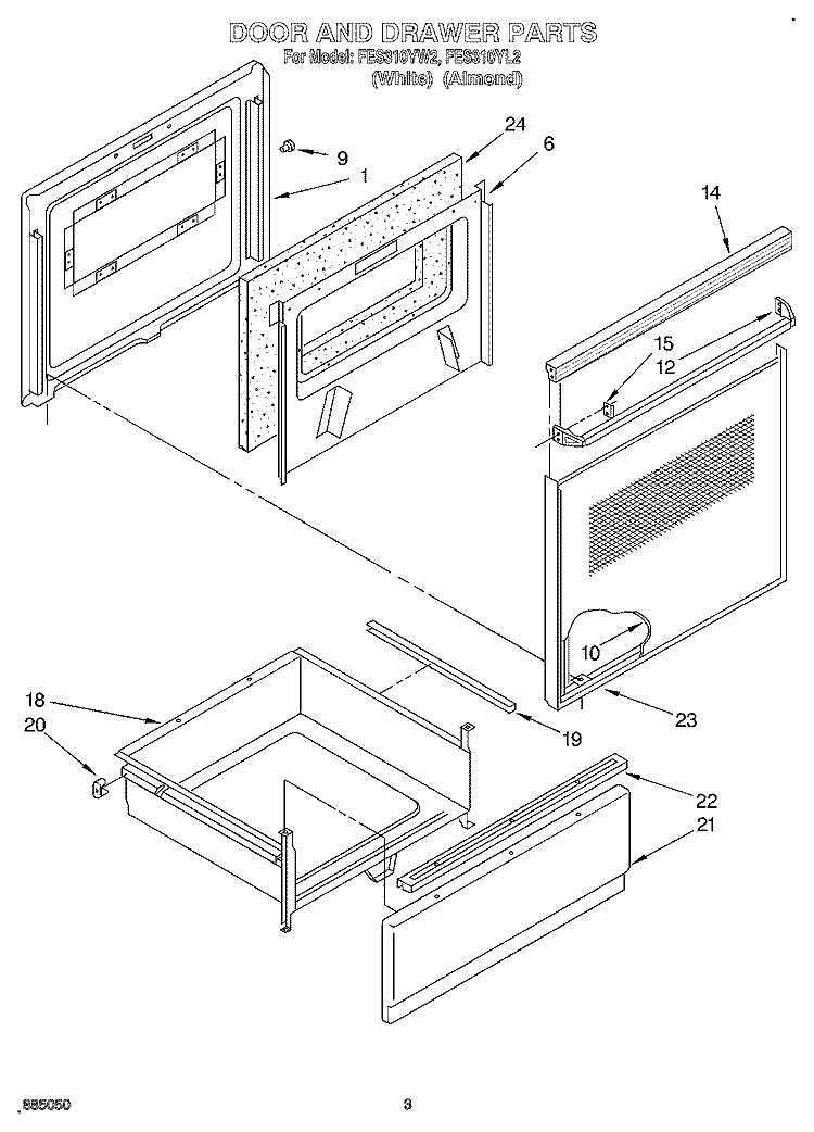 DOOR AND DRAWER Diagram and Parts List for FES310YL2  Whirlpool Range