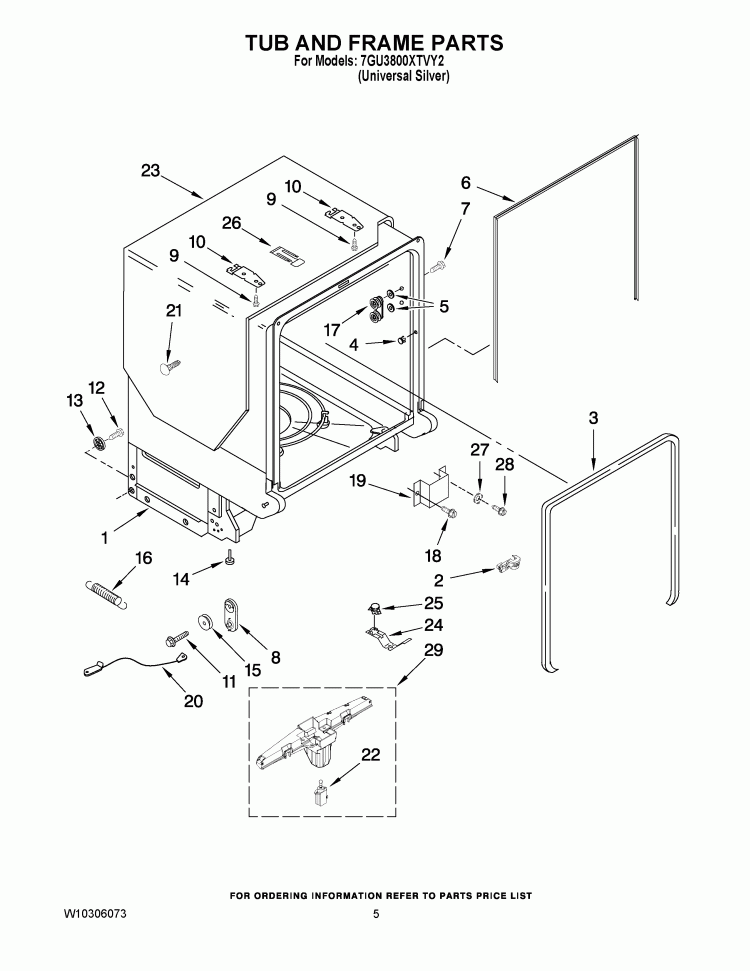 TUB AND FRAME PARTS Diagram and Parts List for 7GU3800XTVY2  Whirlpool Dishwasher