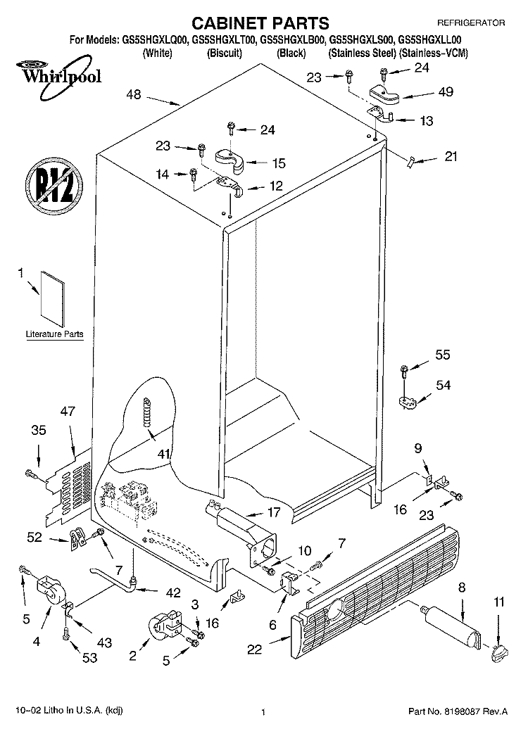 CABINET, LITERATURE Diagram and Parts List for GS5SHGXLQ00  Whirlpool Refrigerator