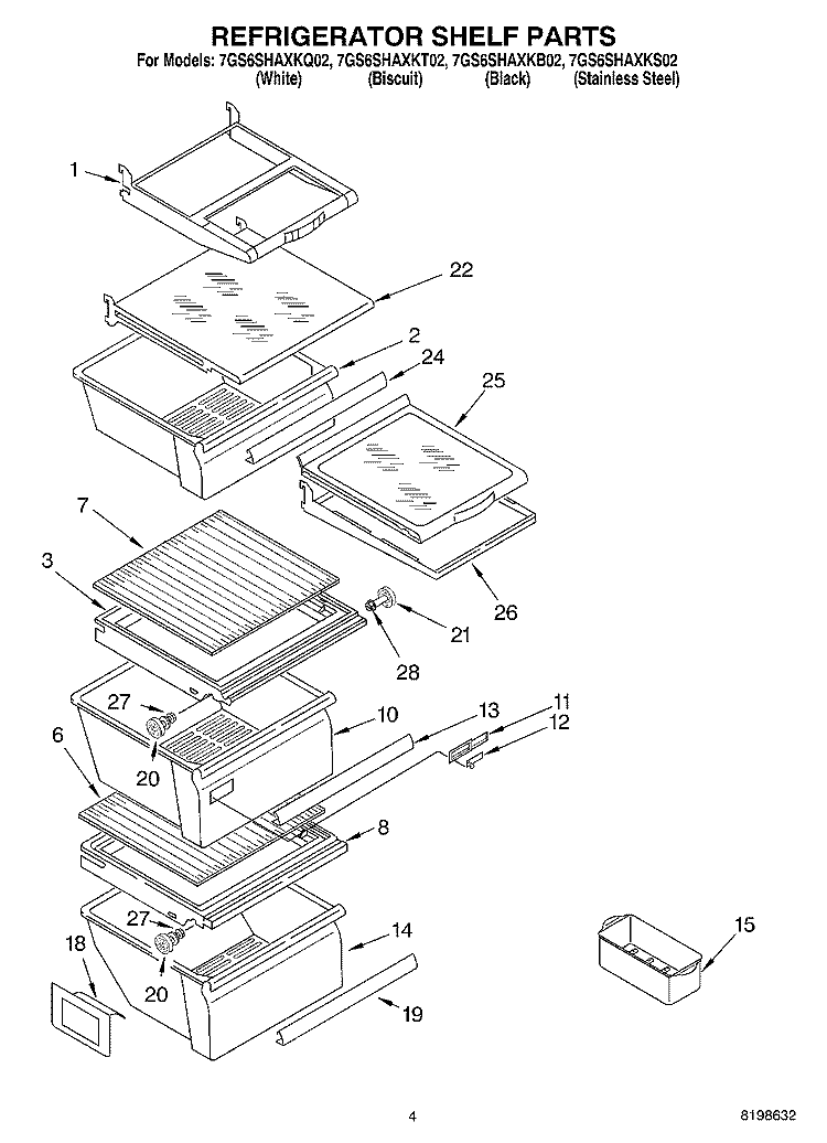 REFRIGERATOR SHELF PARTS Diagram and Parts List for 7GS6SHAXKT02  Whirlpool Refrigerator