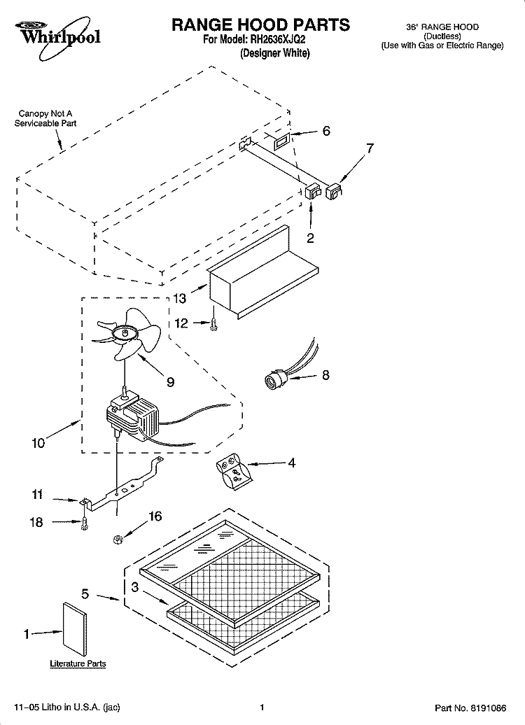 RANGE HOOD PARTS Diagram and Parts List for RH2636XJQ2  Whirlpool Range Hood