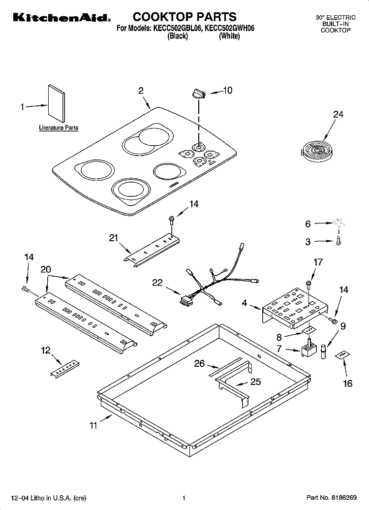 COOKTOP PARTS, OPTIONAL PARTS Diagram and Parts List for KECC502GBL06  KitchenAid Cooktop