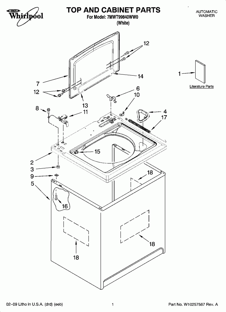 TOP AND CABINET PARTS Diagram and Parts List for 7MWT99840WW0  Whirlpool Washer