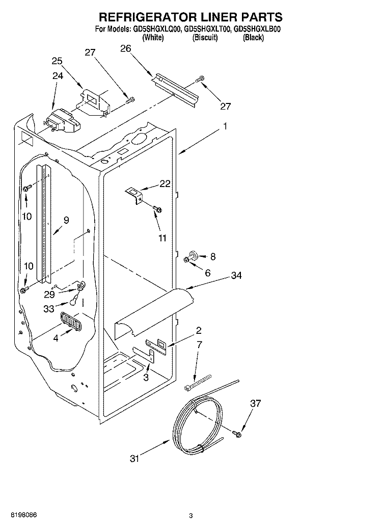 REFRIGERATOR LINER Diagram and Parts List for GD5SHGXLT00  Whirlpool Refrigerator