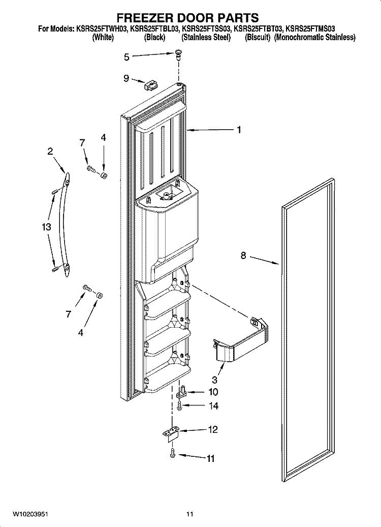 FREEZER DOOR PARTS Diagram and Parts List for KSRS25FTWH03  KitchenAid Refrigerator