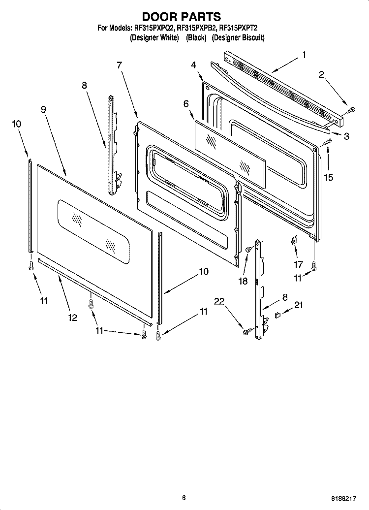 DOOR PARTS, OPTIONAL PARTS Diagram and Parts List for RF315PXPB2  Whirlpool Range