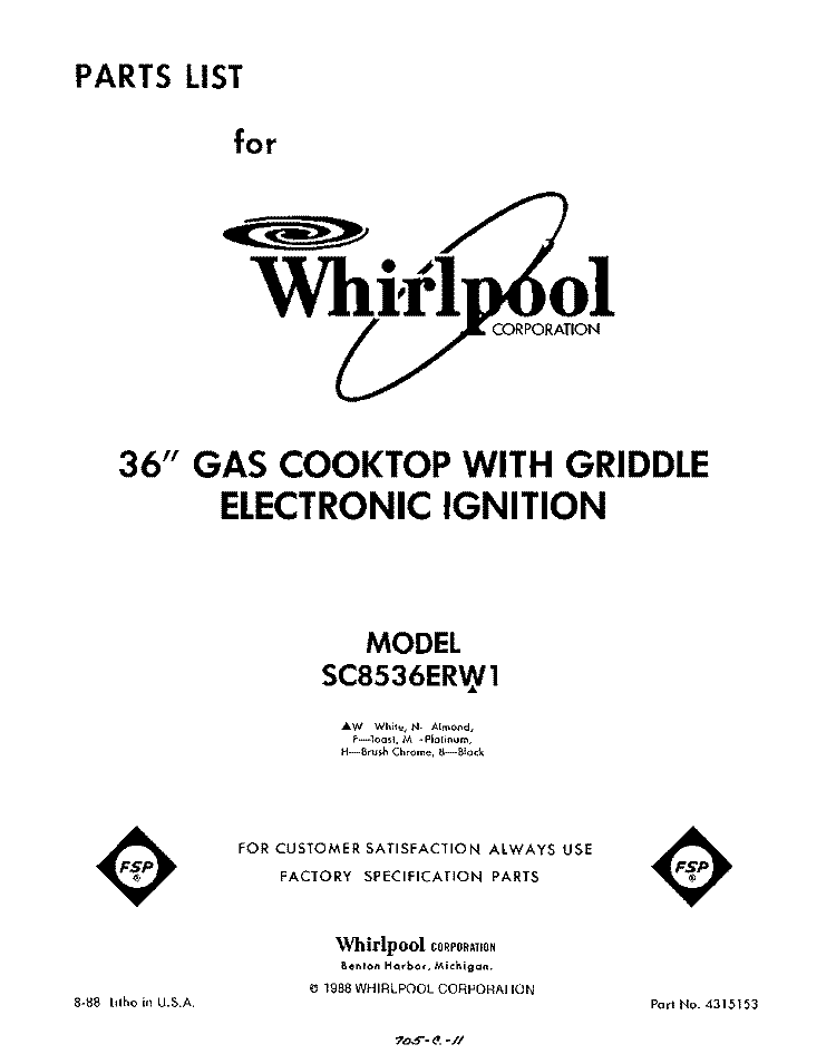 SECTION Diagram and Parts List for SC8536ERW1  Whirlpool Cooktop