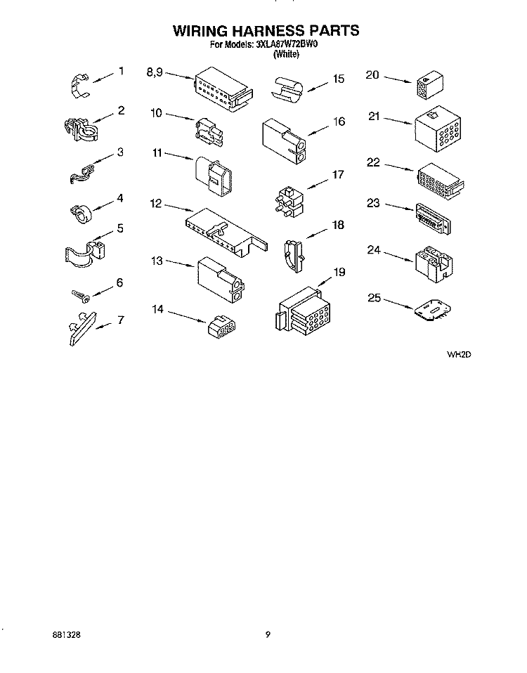 WIRING HARNESS Diagram and Parts List for 3XLA87W72BW0  Whirlpool Washer