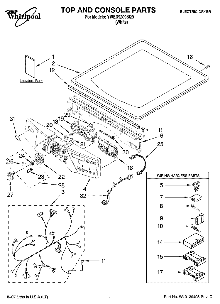TOP AND CONSOLE PARTS Diagram and Parts List for YWED9200SQ0  Whirlpool Dryer