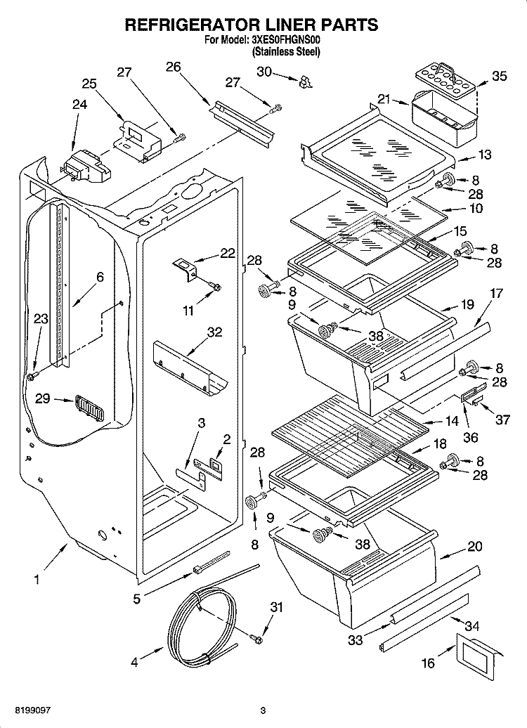 REFRIGERATOR LINER PARTS Diagram and Parts List for 3XES0FHGNS00  Whirlpool Refrigerator