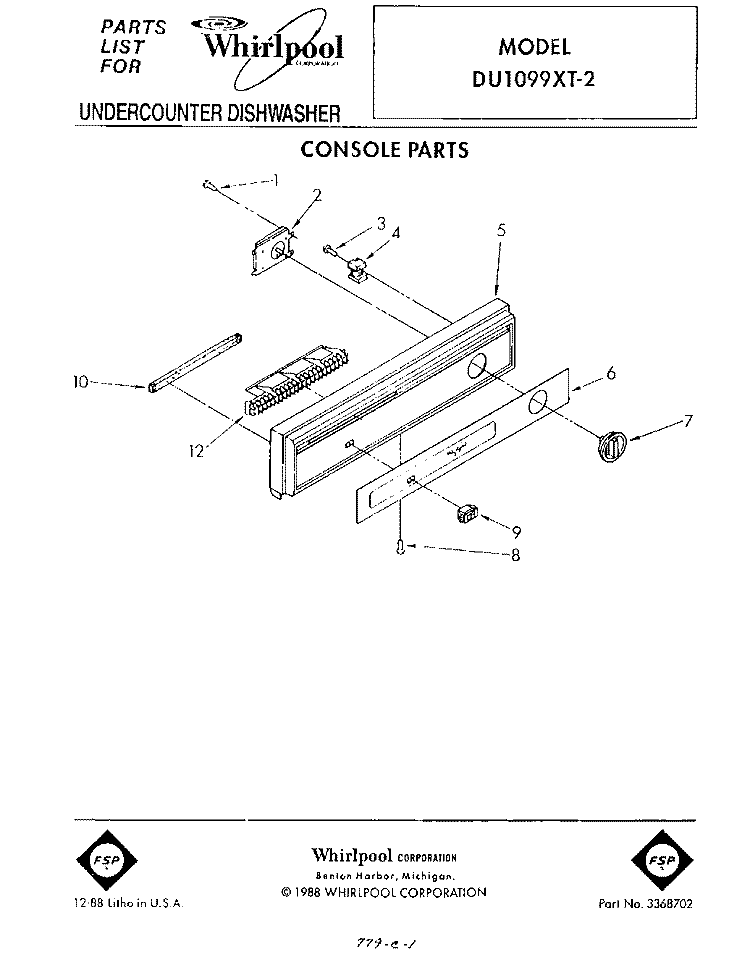 CONSOLE Diagram and Parts List for DU1099XT2  Whirlpool Dishwasher