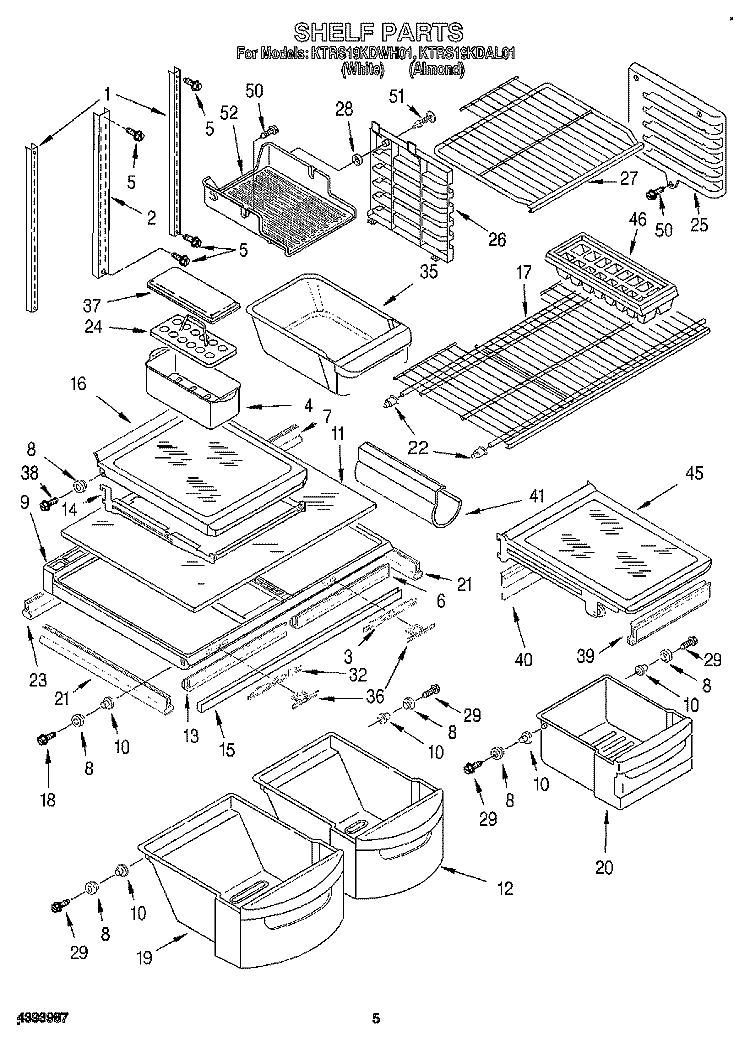 SHELF Diagram and Parts List for KTRS19KDAL01  KitchenAid Refrigerator