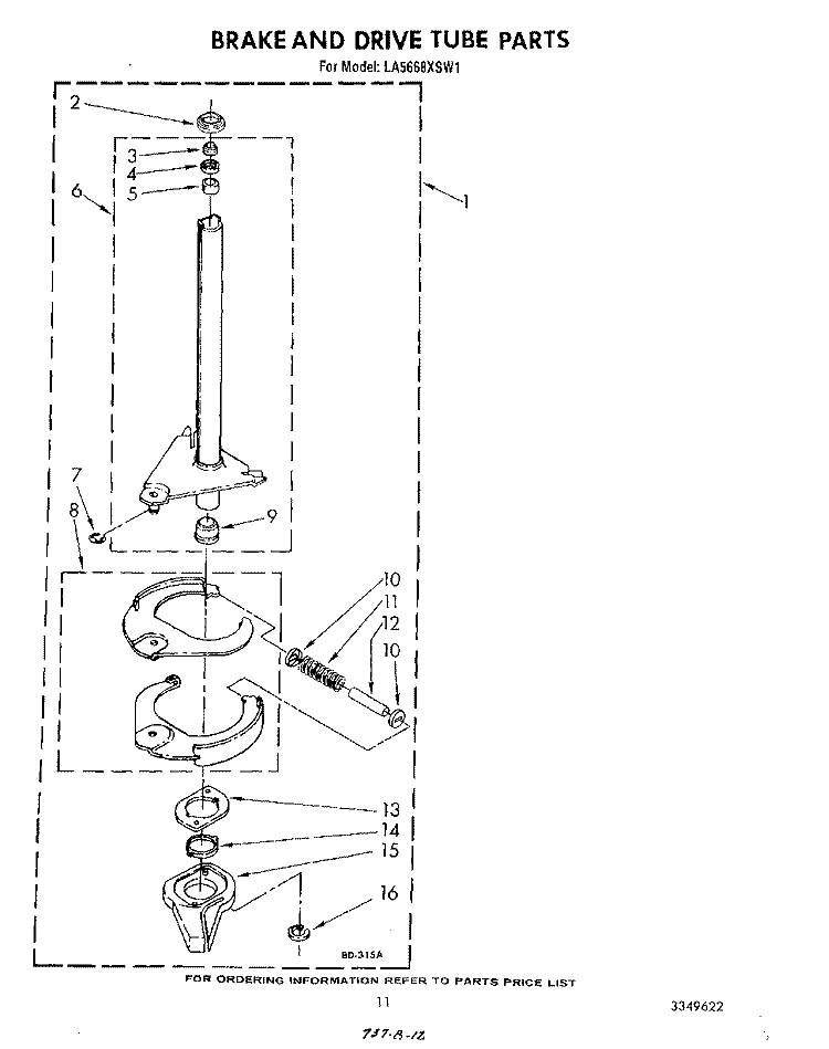 BRAKE AND DRIVE TUBE Diagram and Parts List for LA5668XSW1  Whirlpool Washer