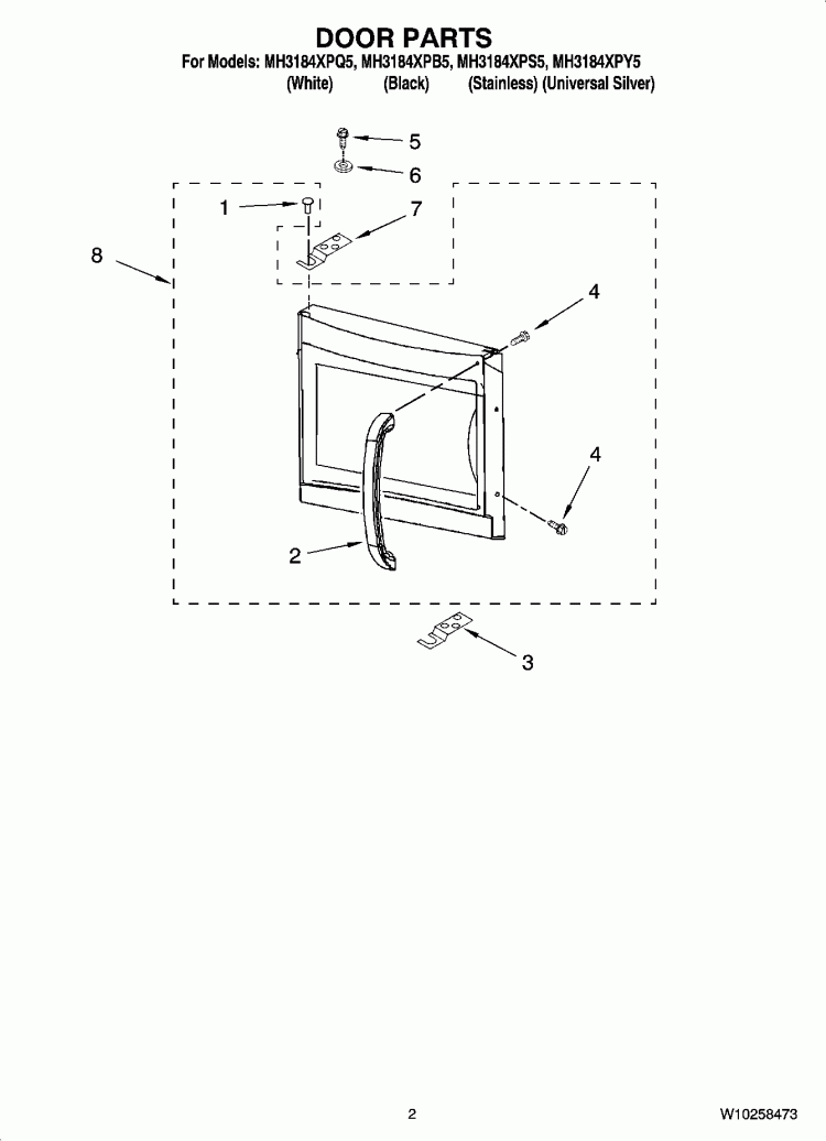 DOOR PARTS Diagram and Parts List for MH3184XPB5  Whirlpool Microwave