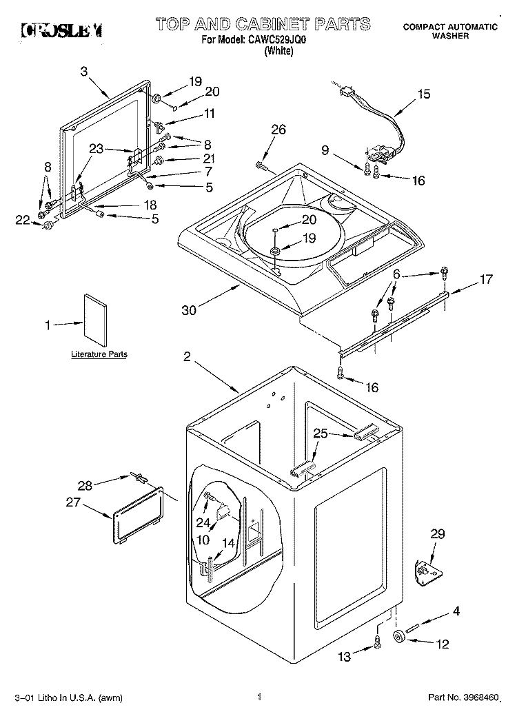 TOP AND CABINET, LITERATURE Diagram and Parts List for CAWC529JQ0  Crosley Washer