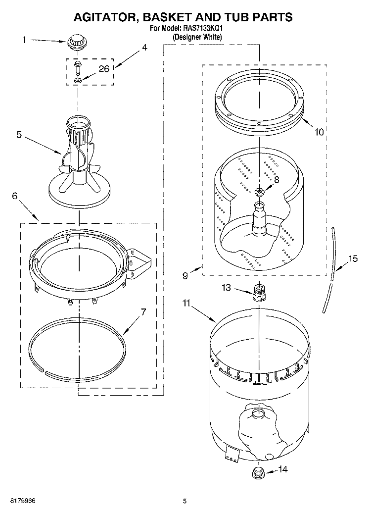 AGITATOR, BASKET AND TUB PARTS Diagram and Parts List for RAS7133KQ1  Roper Washer