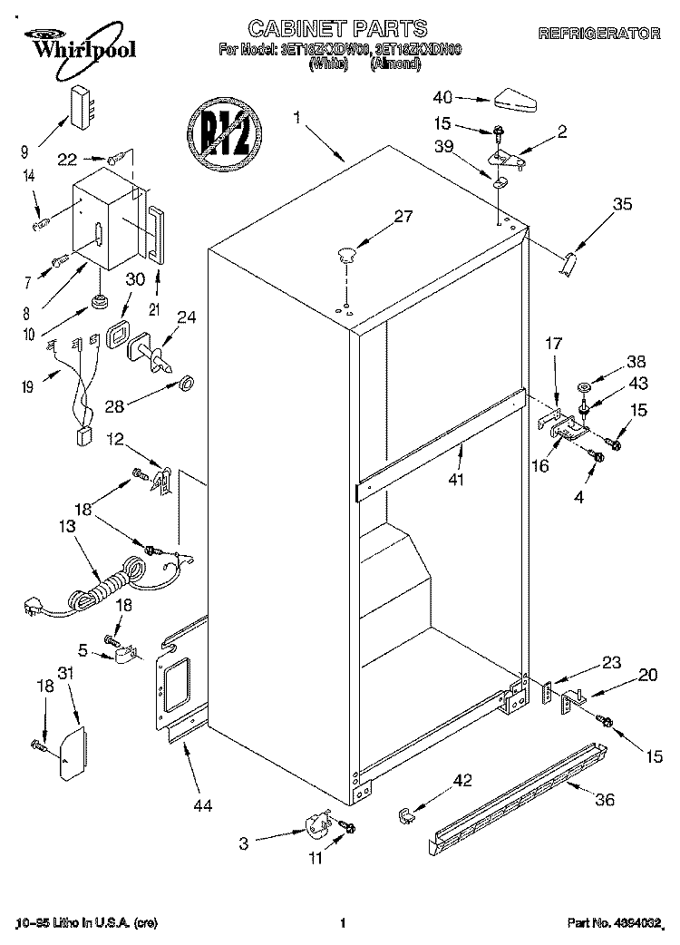CABINET Diagram and Parts List for 3ET18ZKXDN00  Whirlpool Refrigerator