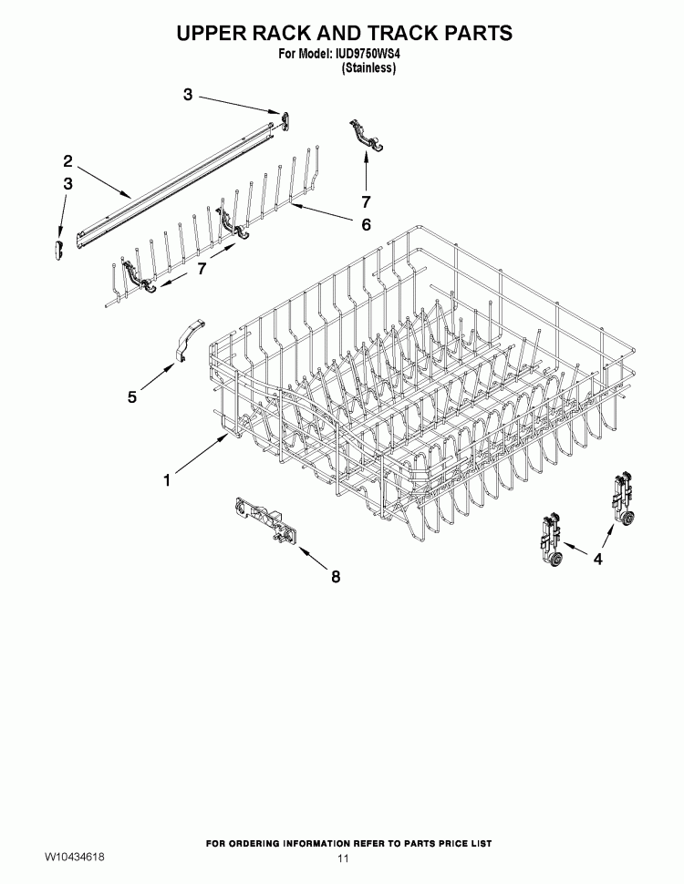 UPPER RACK AND TRACK PARTS Diagram and Parts List for IUD9750WS4  Whirlpool Dishwasher
