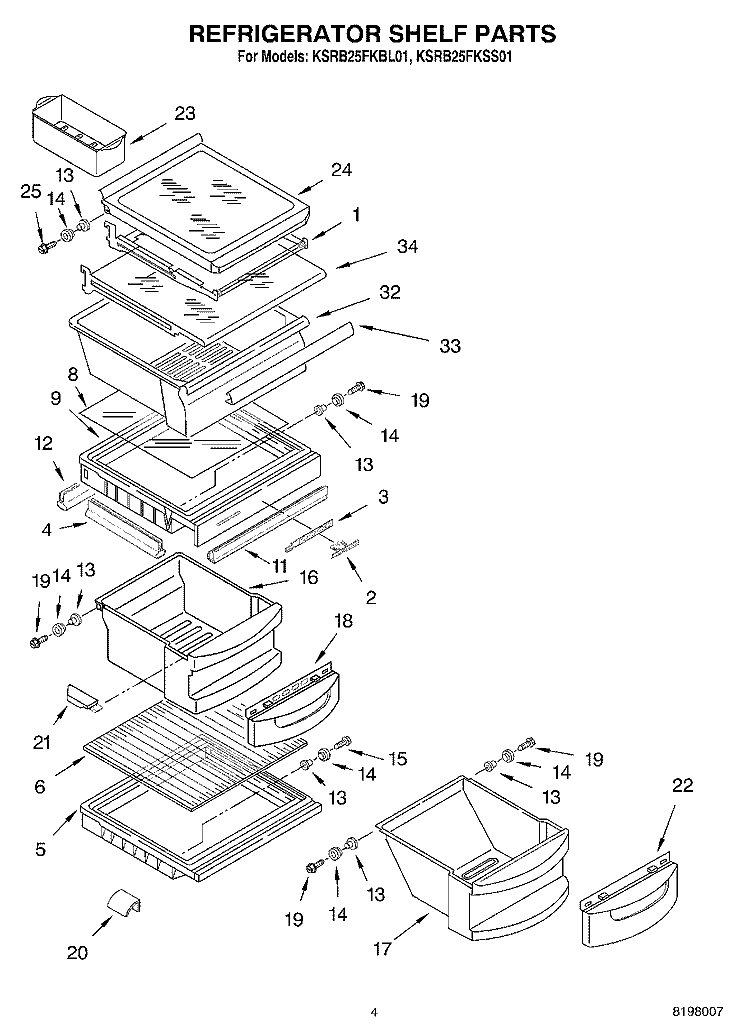 REFRIGERATOR SHELF Diagram and Parts List for KSRB25FKBL01  KitchenAid Refrigerator