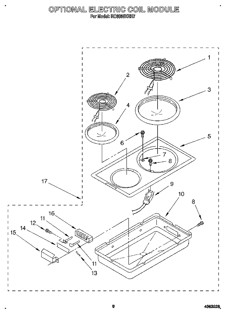 OPTIONAL ELECTRIC COIL MODULE Diagram and Parts List for RC8950XRH7  Whirlpool Cooktop