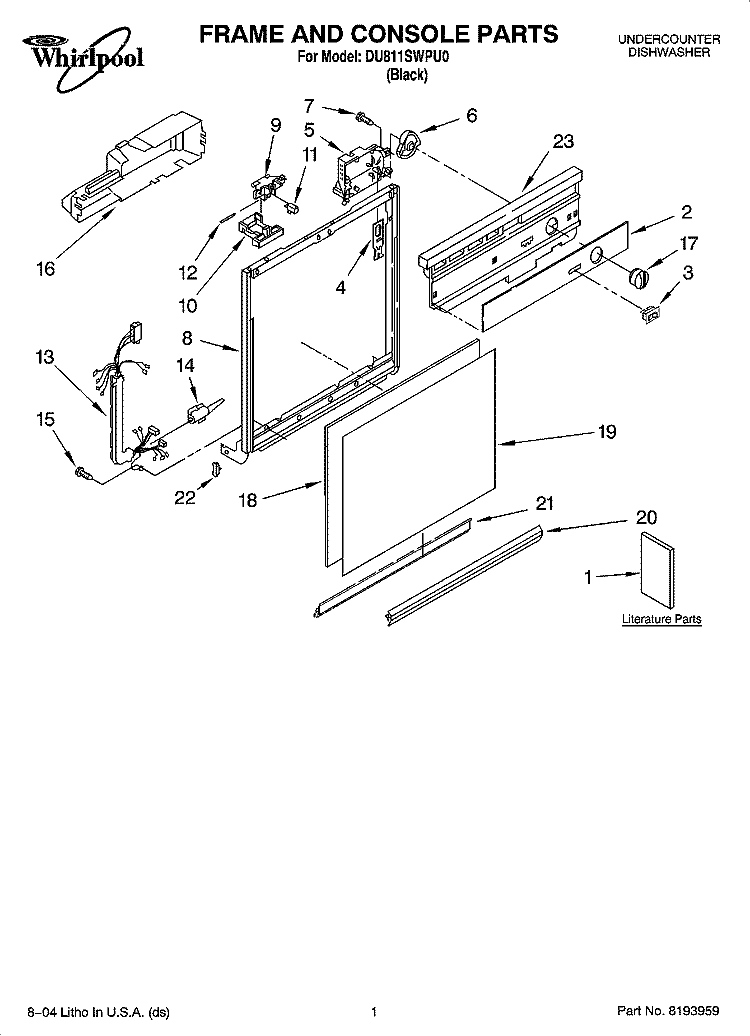 FRAME AND CONSOLE PARTS Diagram and Parts List for DU811SWPU0  Whirlpool Dishwasher