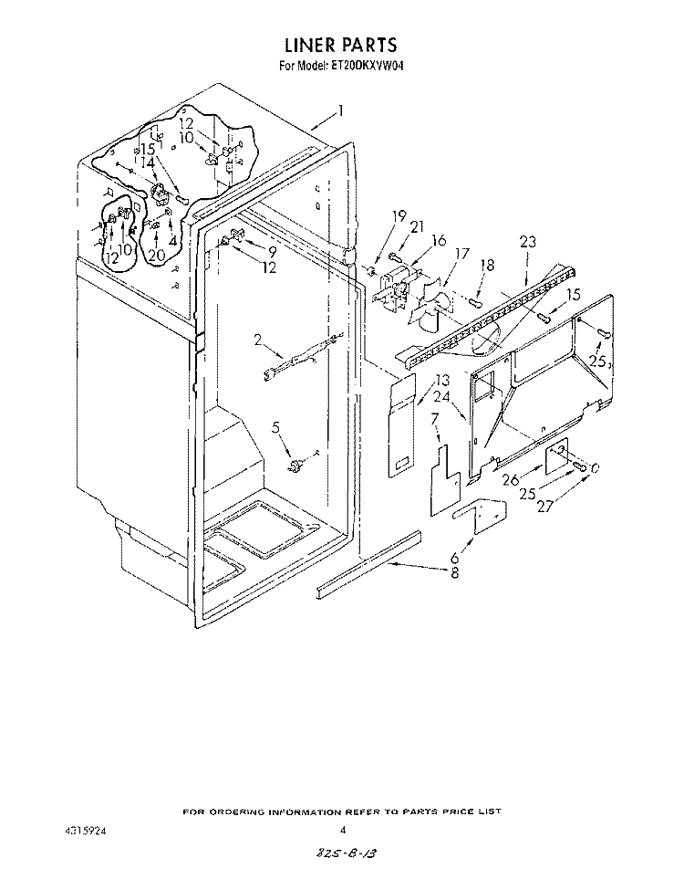 LINER Diagram and Parts List for ET20DKXVW04  Whirlpool Refrigerator