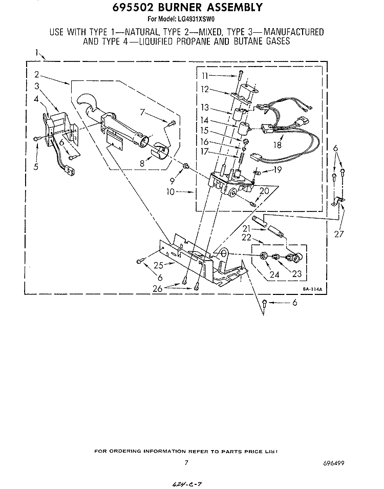 695502 BURNER Diagram and Parts List for LG4931XSW0  Whirlpool Dryer