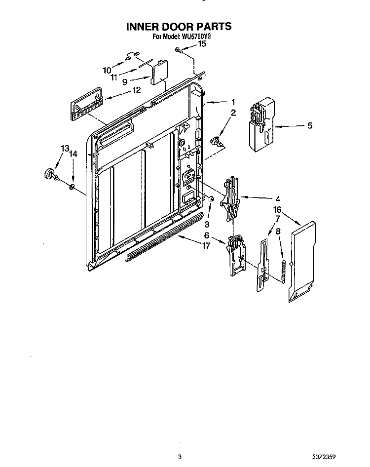 INNER DOOR Diagram and Parts List for WU5750Y2  Roper Dishwasher