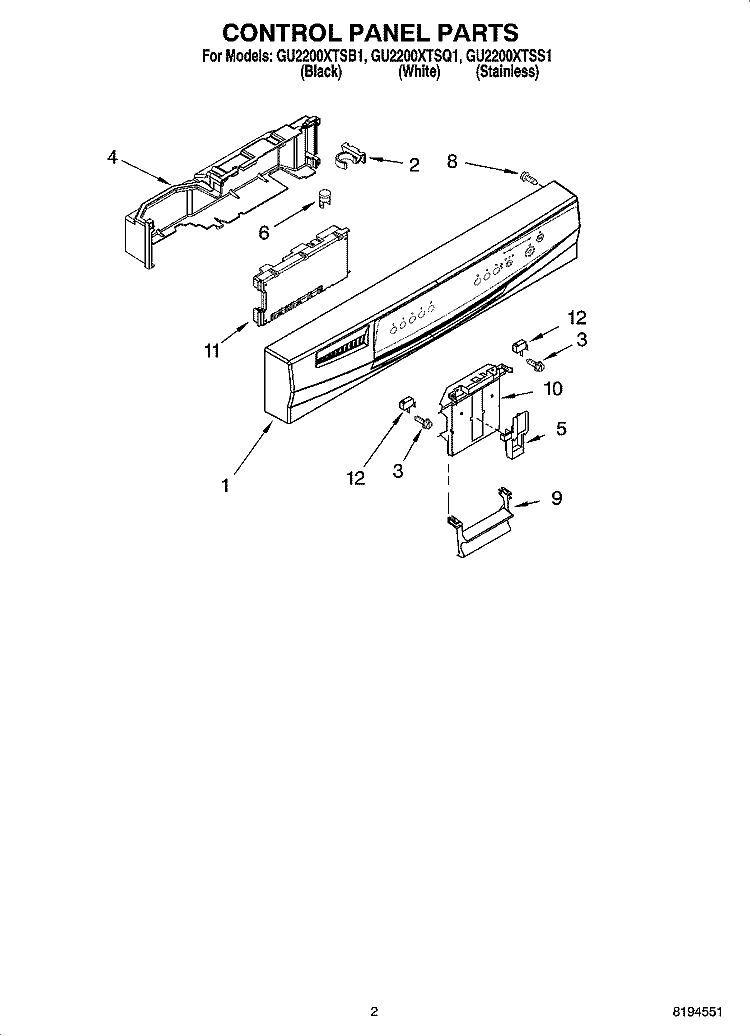 CONTROL PANEL PARTS Diagram and Parts List for GU2200XTSQ1  Whirlpool Dishwasher