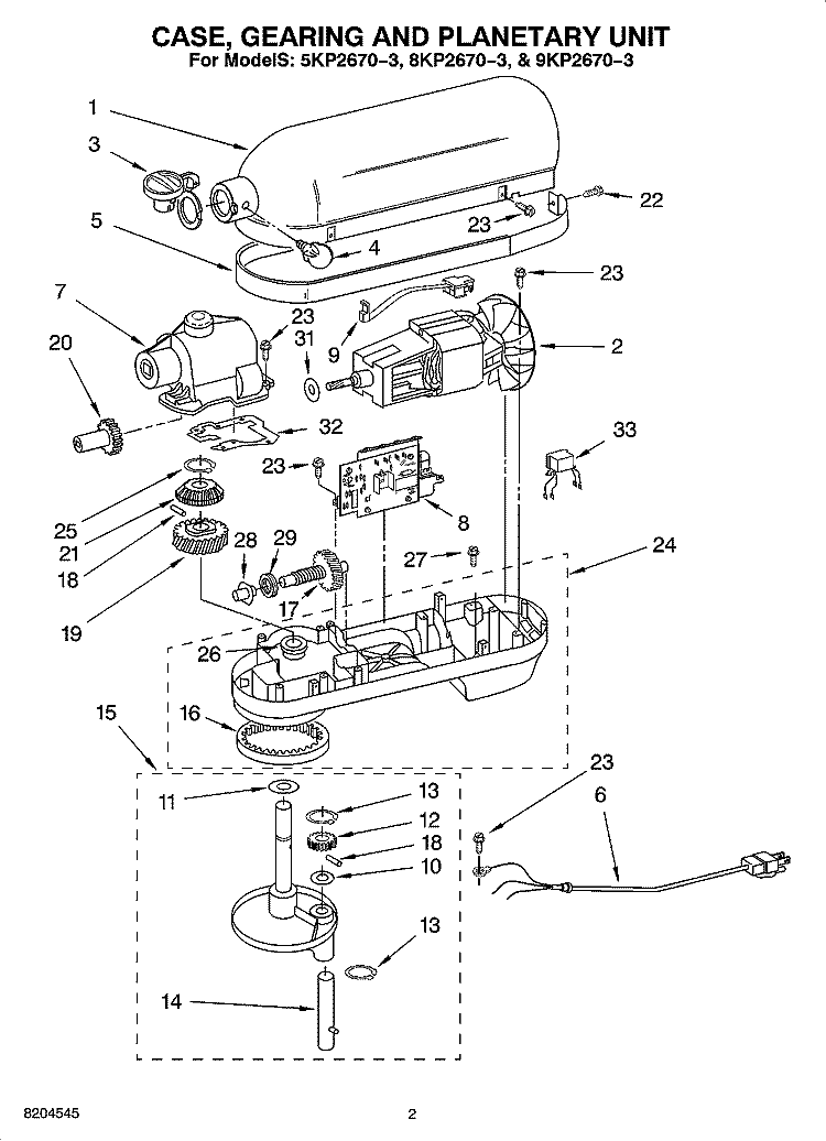 CASE, GEARING AND PLANETARY UNIT Diagram and Parts List for 5KP2670-3  KitchenAid Mixer