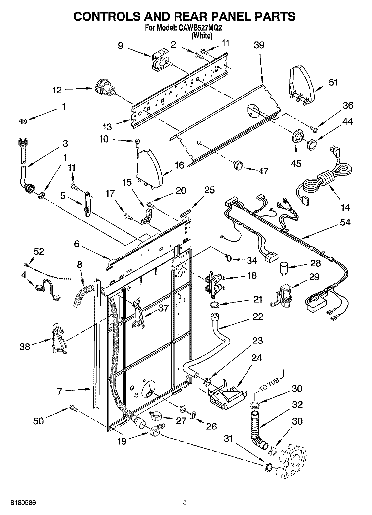 CONTROL AND REAR PANEL PARTS Diagram and Parts List for CAWB527MQ2  Crosley Washer