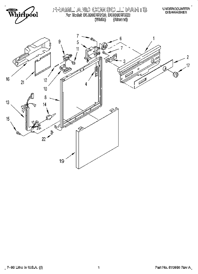 FRAME AND CONSOLE Diagram and Parts List for DU890DWGZ0  Whirlpool Dishwasher