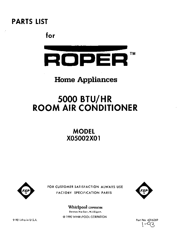 FRONT COVER Diagram and Parts List for X05002X01  Roper Air Conditioner
