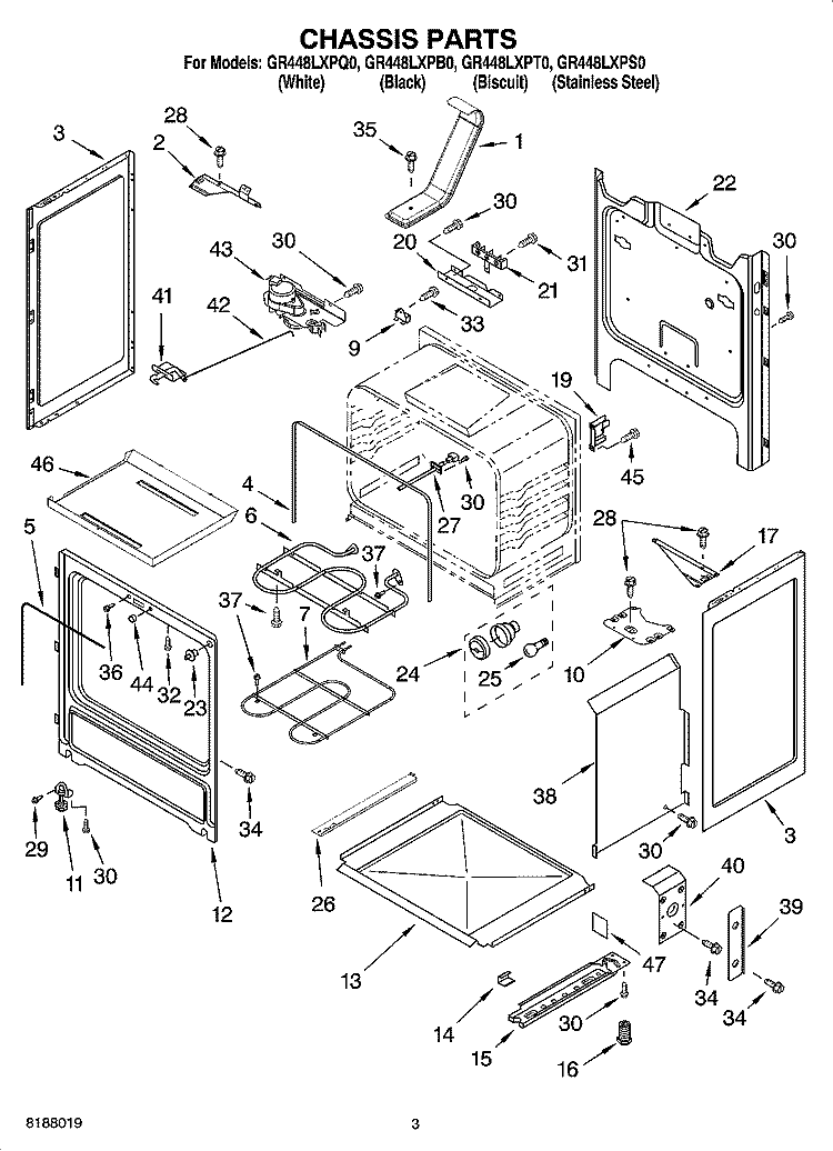CHASSIS PARTS Diagram and Parts List for GR448LXPT0  Whirlpool Range
