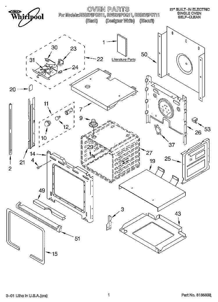 OVEN, LITERATURE Diagram and Parts List for RBS275PDT11  Whirlpool Wall Oven