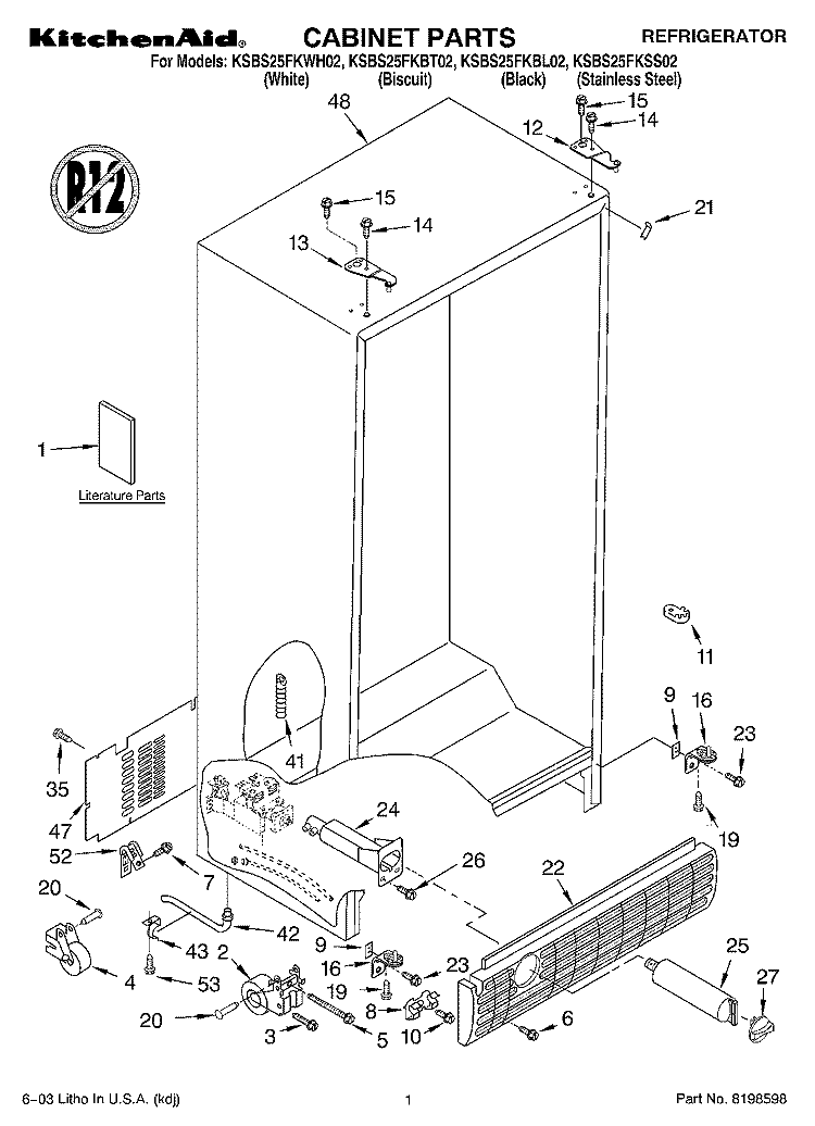 CABINET PARTS Diagram and Parts List for KSBS25FKBL02  KitchenAid Refrigerator
