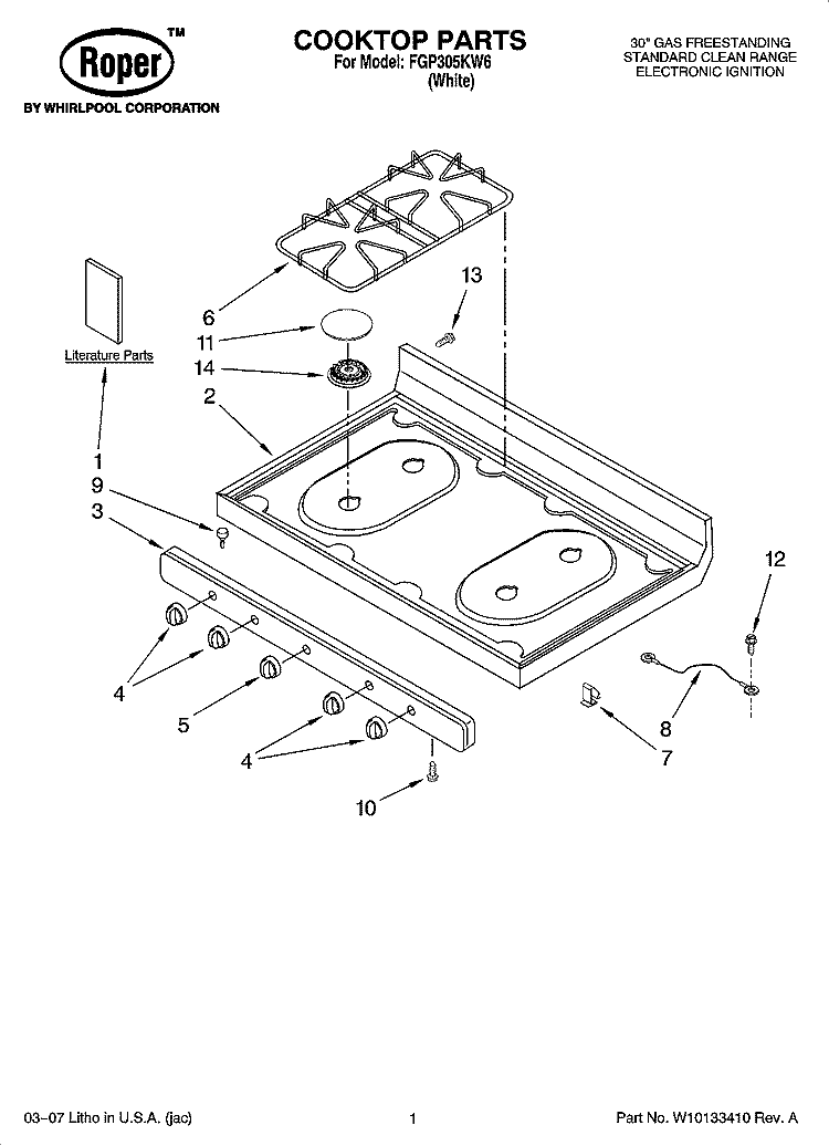 COOKTOP PARTS Diagram and Parts List for FGP305KW6  Roper Range