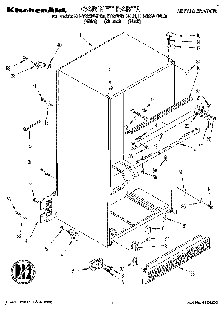 CABINET Diagram and Parts List for KTRS22MDBL01  KitchenAid Refrigerator