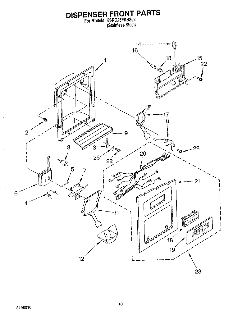 DISPENSER FRONT Diagram and Parts List for KSRG25FKSS02  KitchenAid Refrigerator