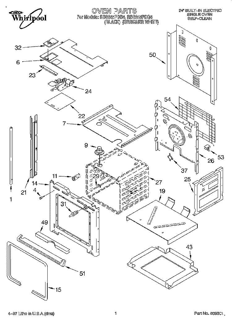 OVEN Diagram and Parts List for RBS245PDB4  Whirlpool Wall Oven