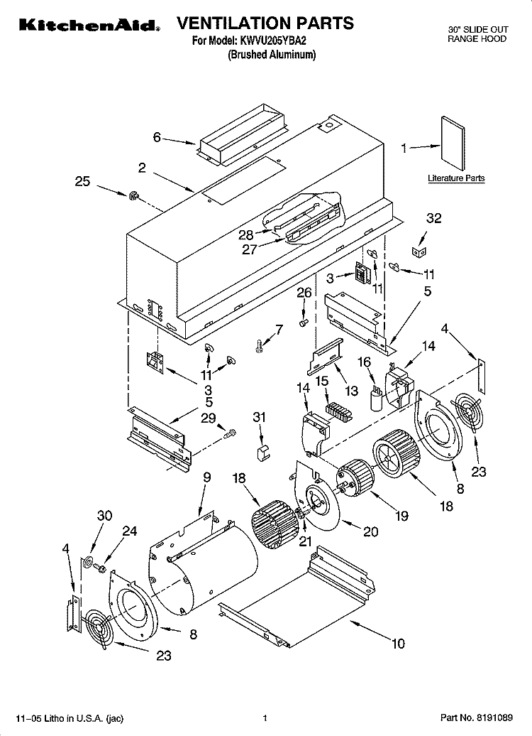 VENTILATION PARTS Diagram and Parts List for KWVU205YBA2  KitchenAid Range Hood