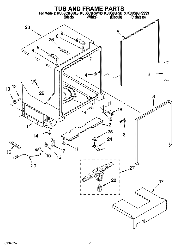 TUB AND FRAME PARTS Diagram and Parts List for KUDS03FSBL3  KitchenAid Dishwasher