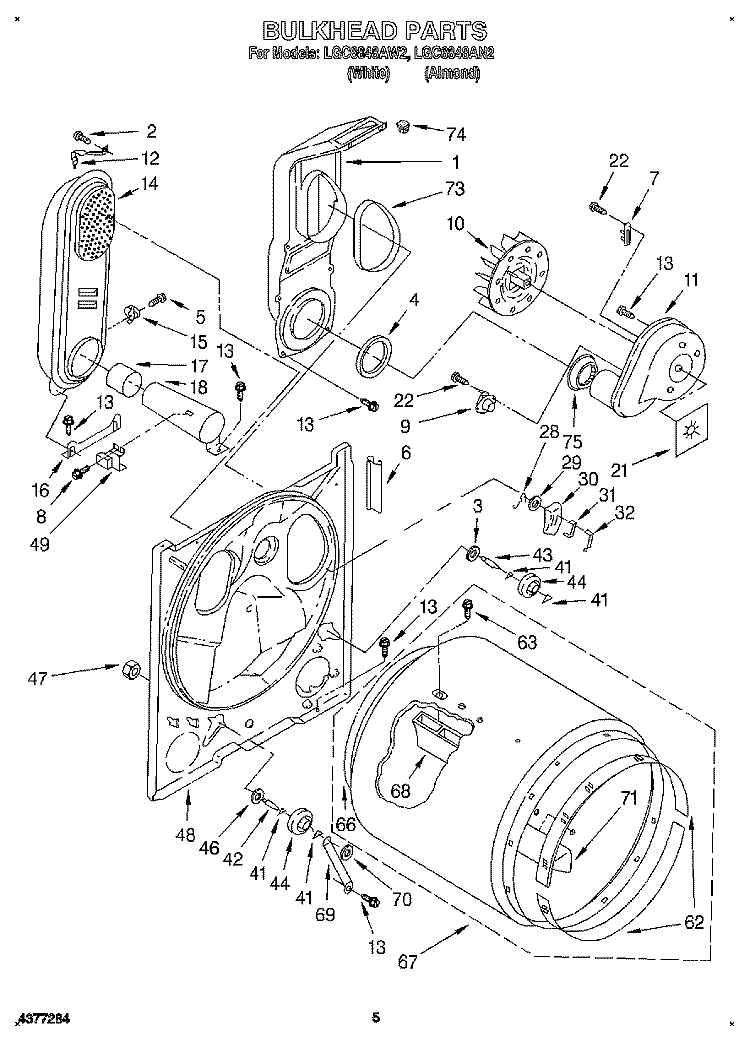 BULKHEAD Diagram and Parts List for LGC6848AW2  Whirlpool Dryer