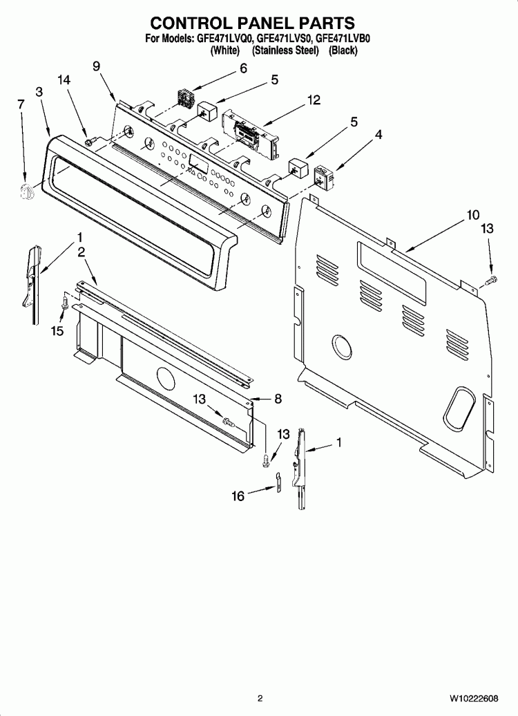 CONTROL PANEL PARTS Diagram and Parts List for GFE471LVS0  Whirlpool Range