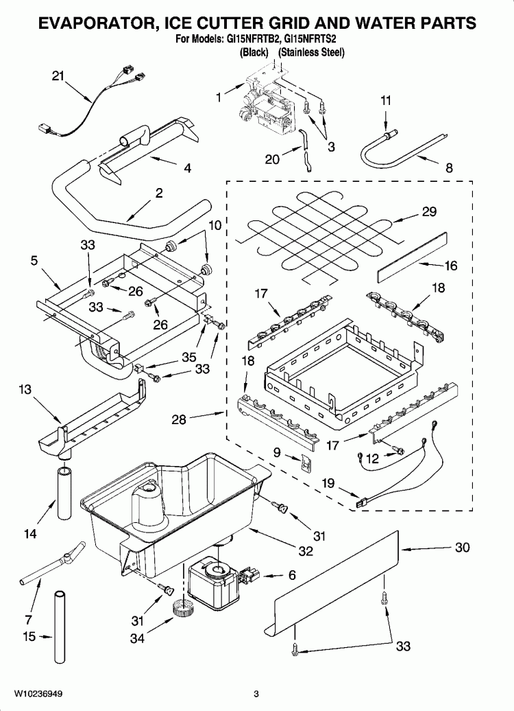 EVAPORATOR, ICE CUTTER GRID AND WATER PARTS Diagram and Parts List for GI15NFRTB2  Whirlpool Ice Maker