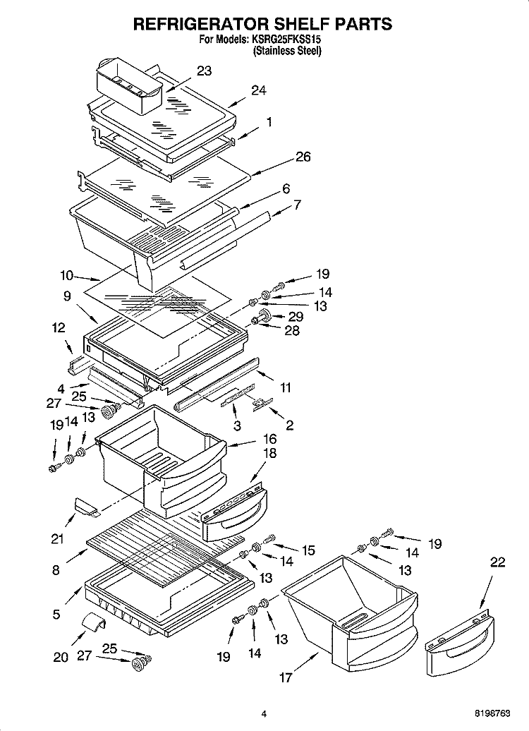 REFRIGERATOR SHELF PARTS Diagram and Parts List for KSRG25FKSS15  KitchenAid Refrigerator