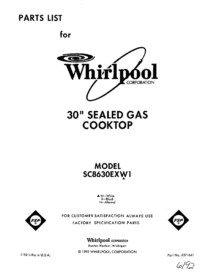 SECTION Diagram and Parts List for SC8630EXB1  Whirlpool Cooktop