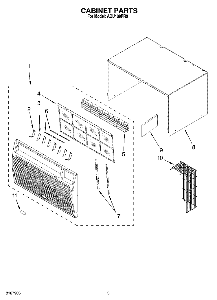 CABINET PARTS Diagram and Parts List for ACU109PR0  Whirlpool Air Conditioner