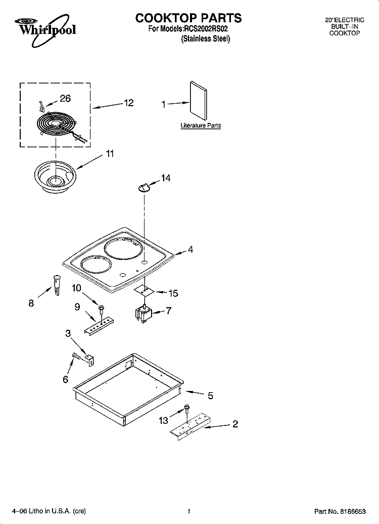 COOKTOP PARTS, OPTIONAL PARTS Diagram and Parts List for RCS2002RS02  Whirlpool Cooktop