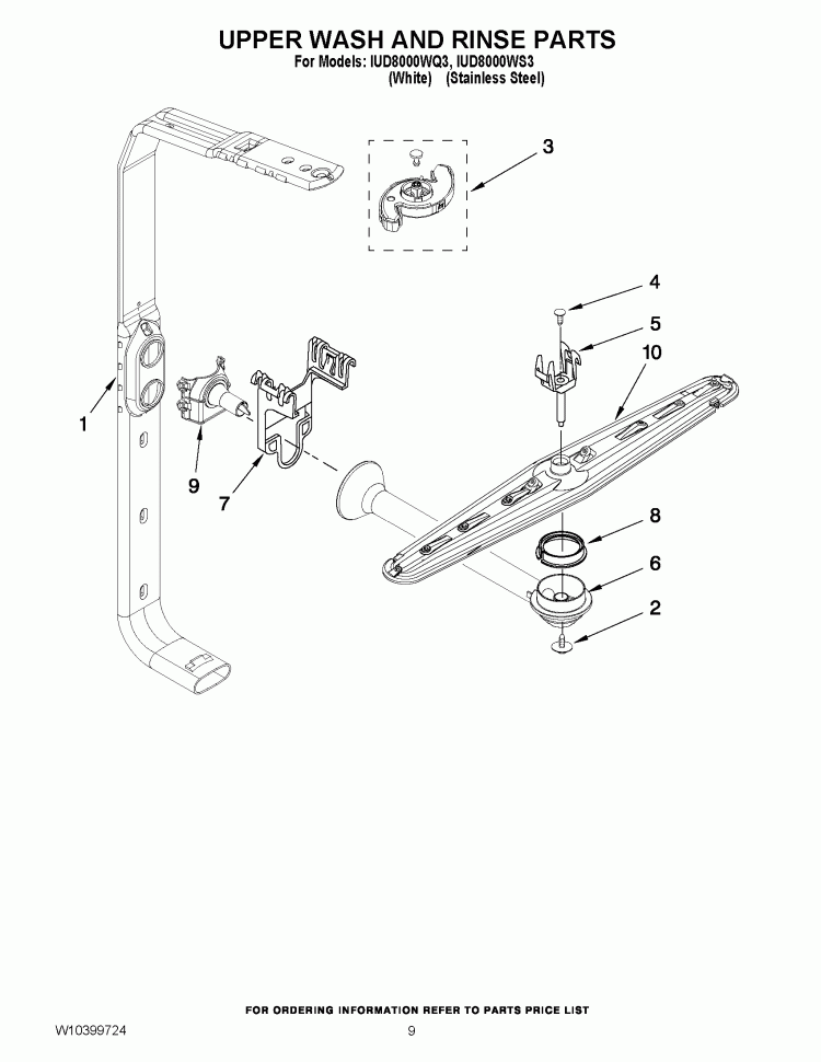 UPPER WASH AND RINSE PARTS Diagram and Parts List for IUD8000WQ3  Whirlpool Dishwasher